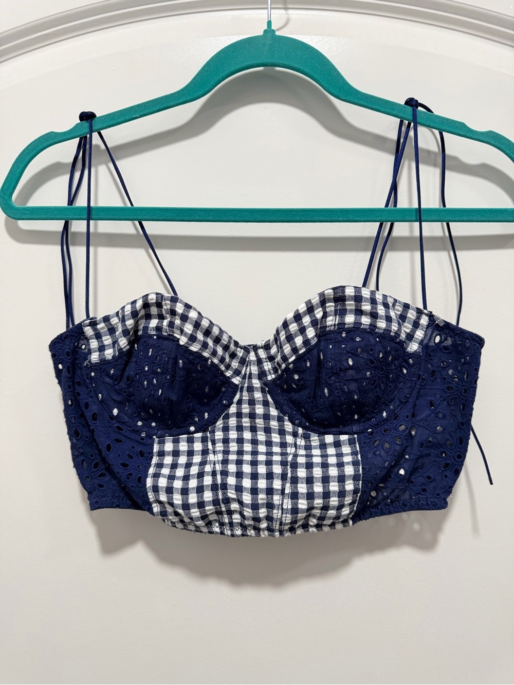 Urban Outfitters Navy and White Gingham Eyelet Bustier Crop Top